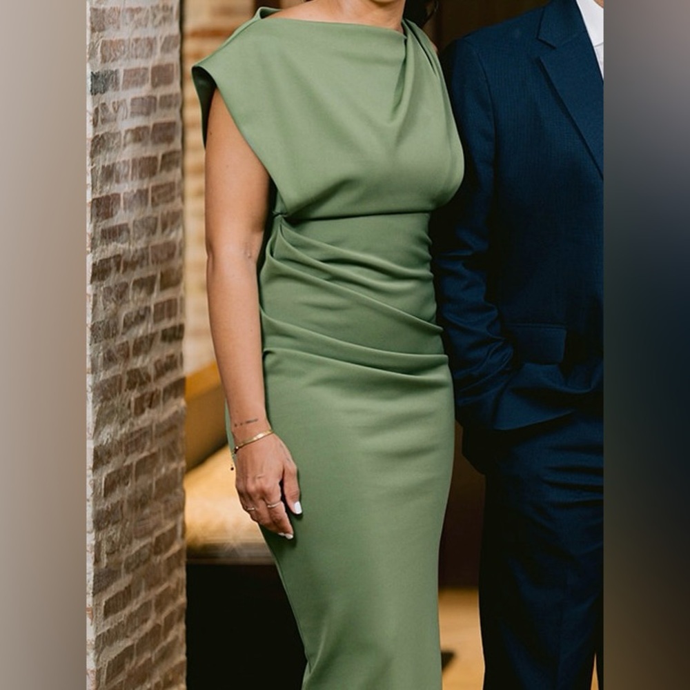 asymmetric high neck minimal maxi dress in olive